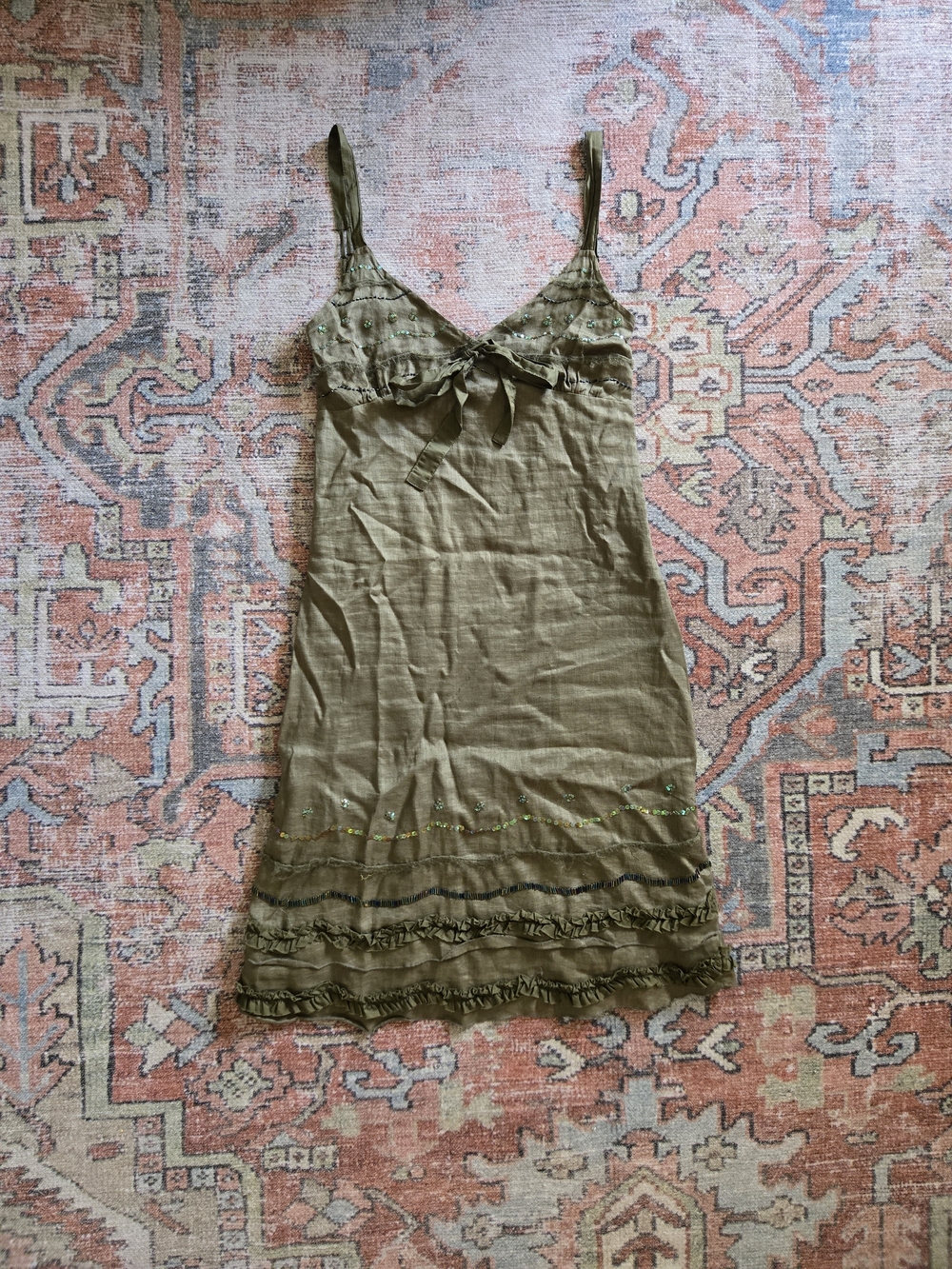 Vintage Sinéquanone Olive Green Linen Boho Beaded Ruffled Slip Dress